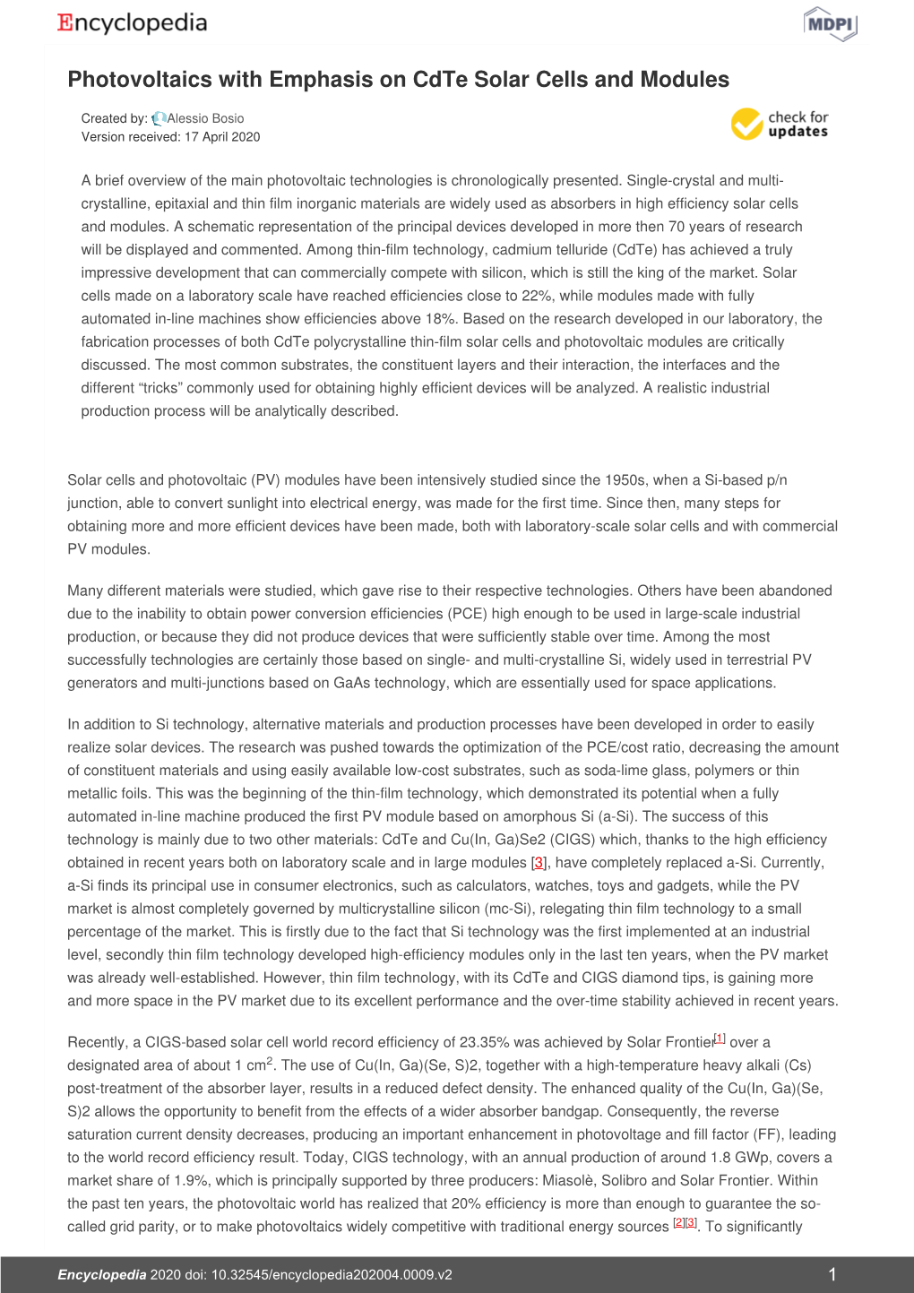 Photovoltaics with Emphasis on Cdte Solar Cells and Modules | Encyclopedia