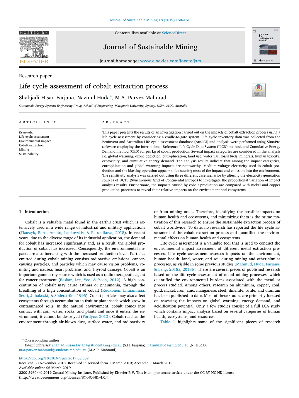 Life Cycle Assessment of Cobalt Extraction Process T ∗ Shahjadi Hisan Farjana, Nazmul Huda , M.A