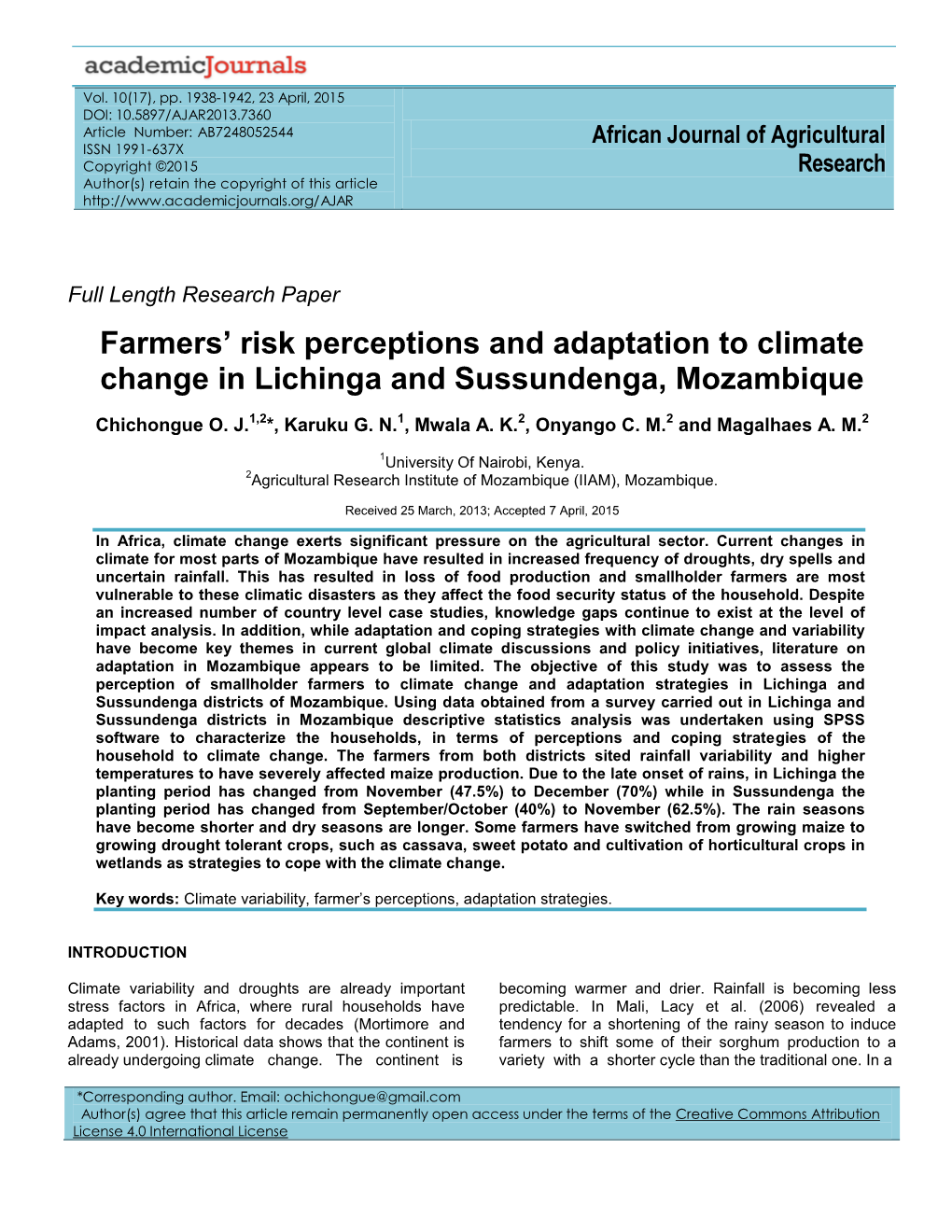 Farmers' Risk Perceptions and Adaptation To