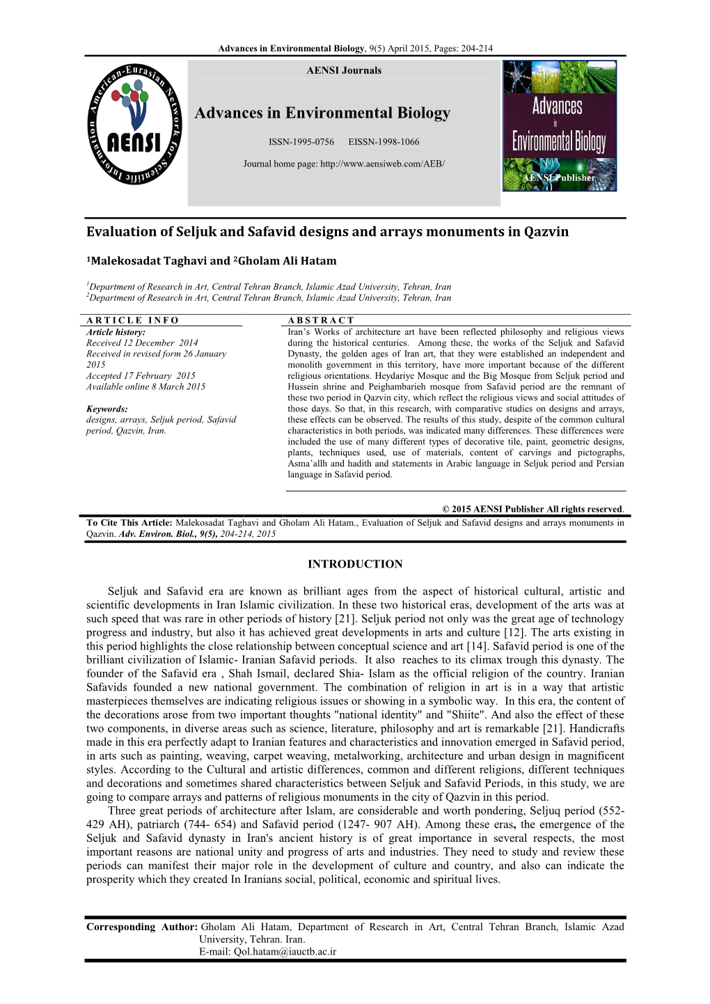 Advances in Environmental Biology, 9(5) April 2015, Pages: 204-214