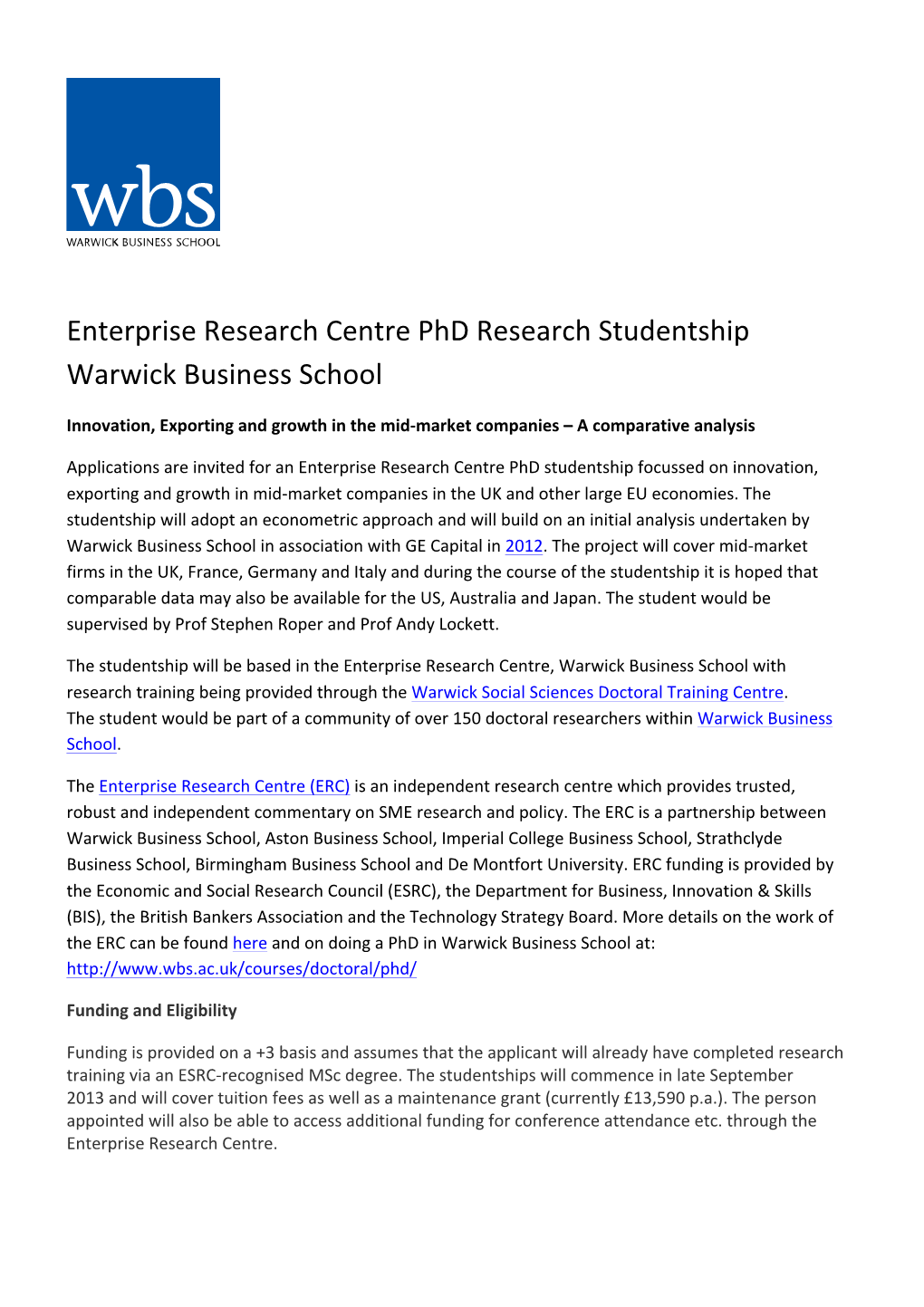 Enterprise Research Centre Phd Research Studentship Warwick Business School