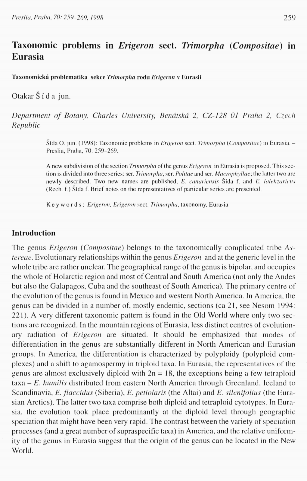 Taxonomic Problems in Erigeron Sect. Trimorpha (Compositae) in Eurasia