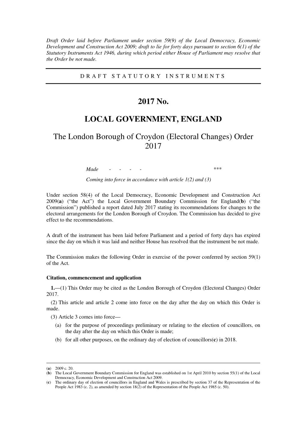 The London Borough of Croydon (Electoral Changes) Order 2017