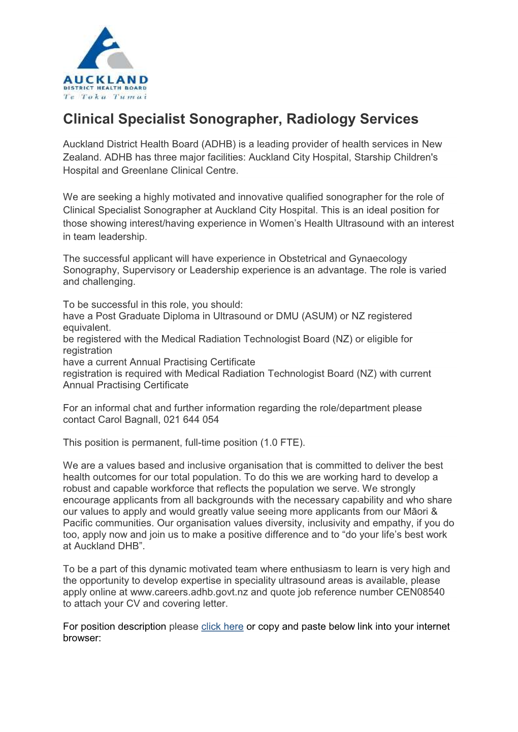 Clinical Specialist Sonographer, Radiology Services