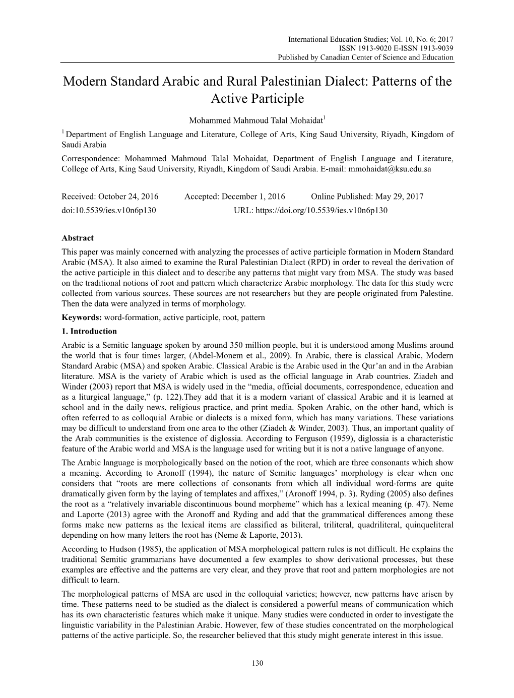 Modern Standard Arabic and Rural Palestinian Dialect: Patterns of the Active Participle