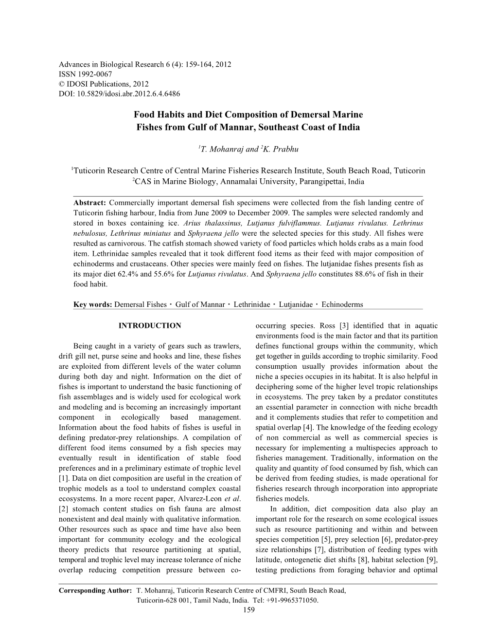 Food Habits and Diet Composition of Demersal Marine Fishes from Gulf of Mannar, Southeast Coast of India