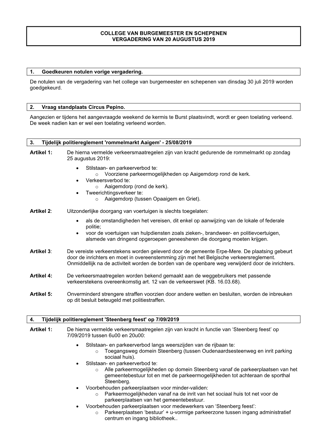 College Van Burgemeester En Schepenen Vergadering Van 20 Augustus 2019