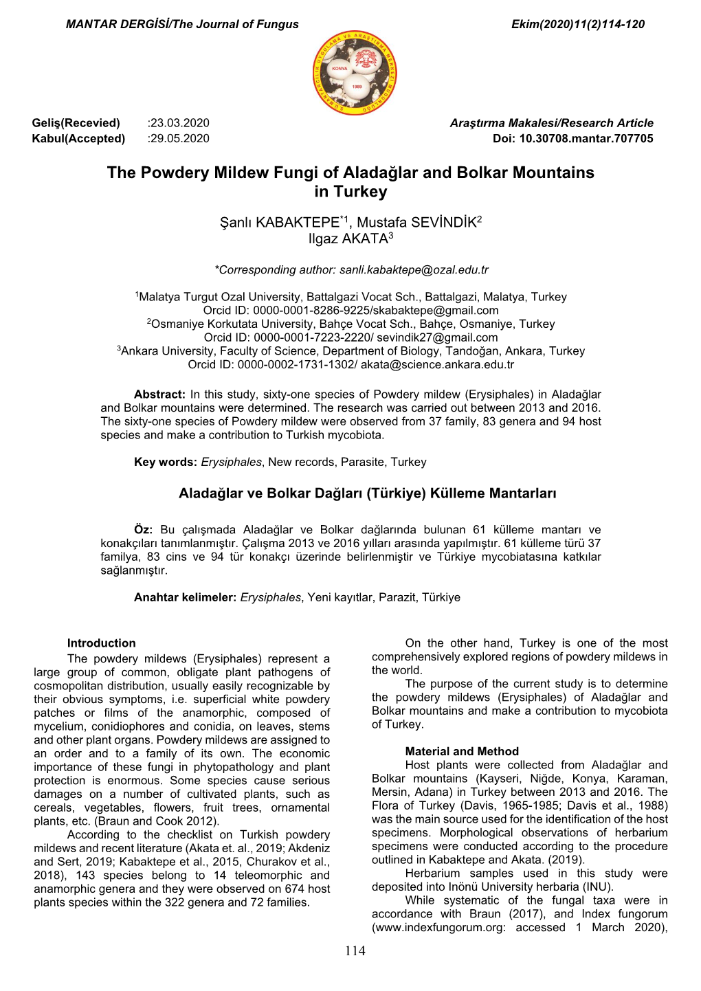 The Powdery Mildew Fungi of Aladağlar and Bolkar Mountains in Turkey