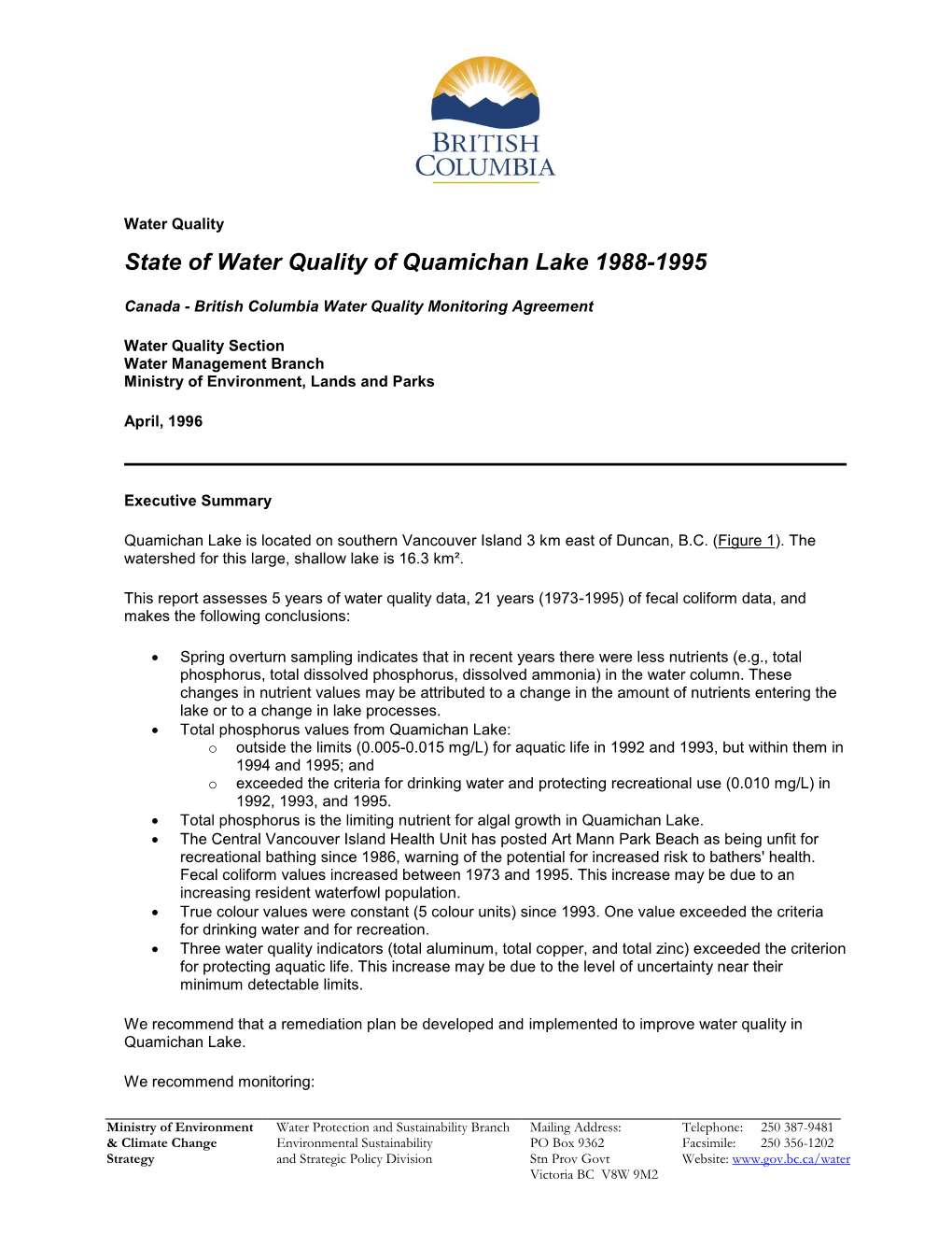 State of Water Quality of Quamichan Lake 1988-1995