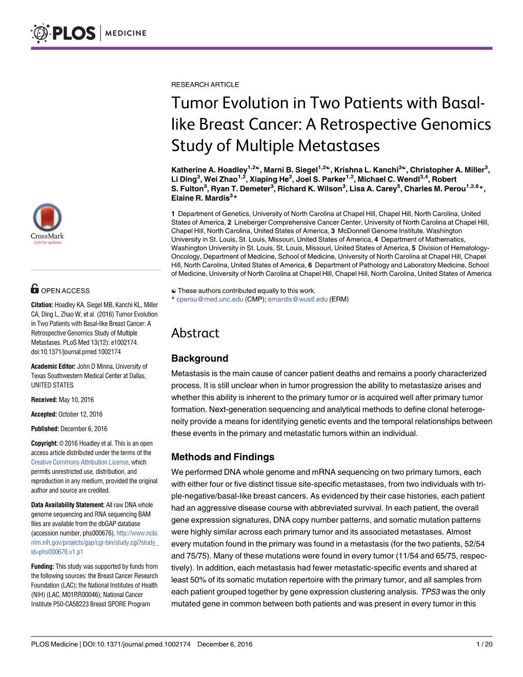 Tumor Evolution in Two Patients with Basal-Like Breast Cancer: a Retrospective Genomics Study of Multiple Abstract Metastases