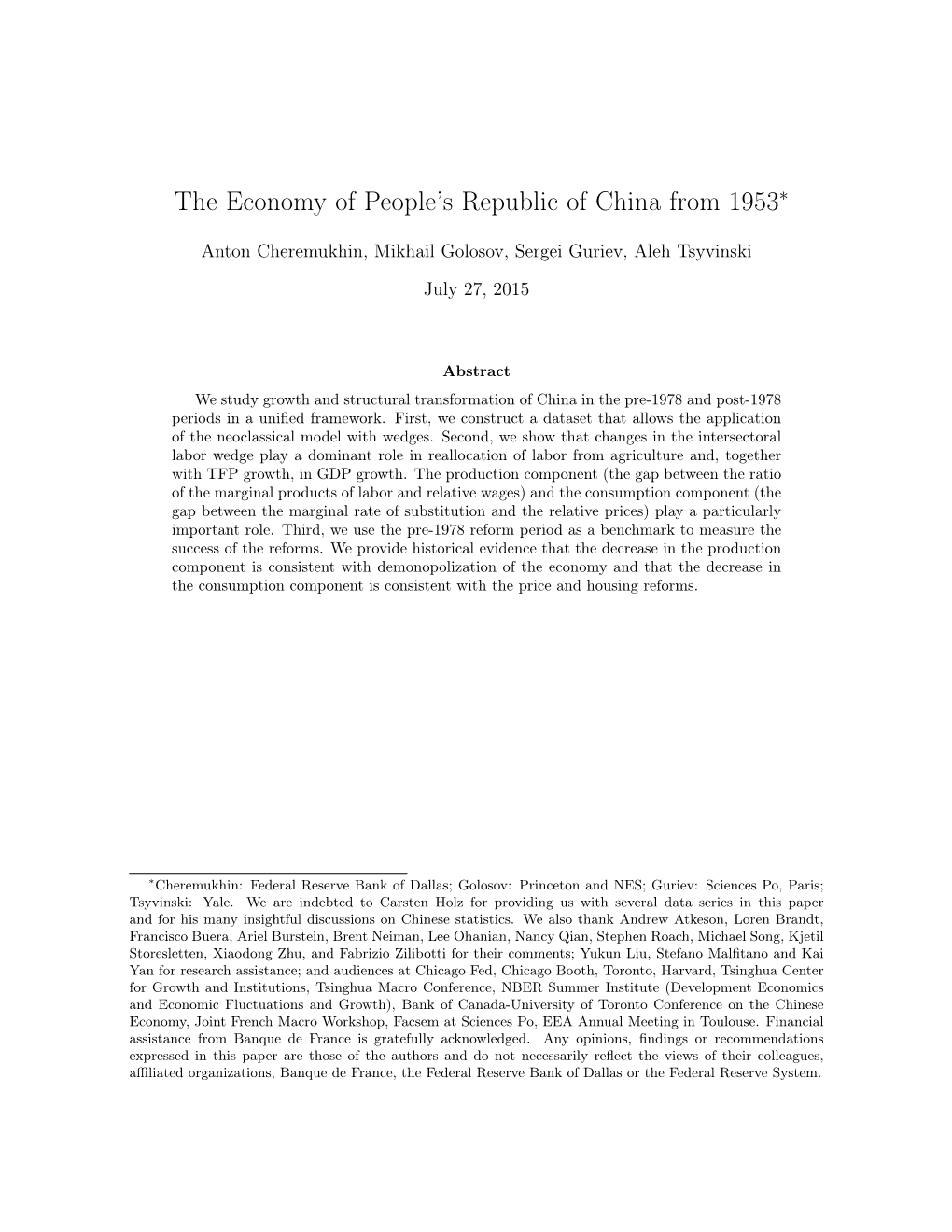 The Economy of People's Republic of China from 1953