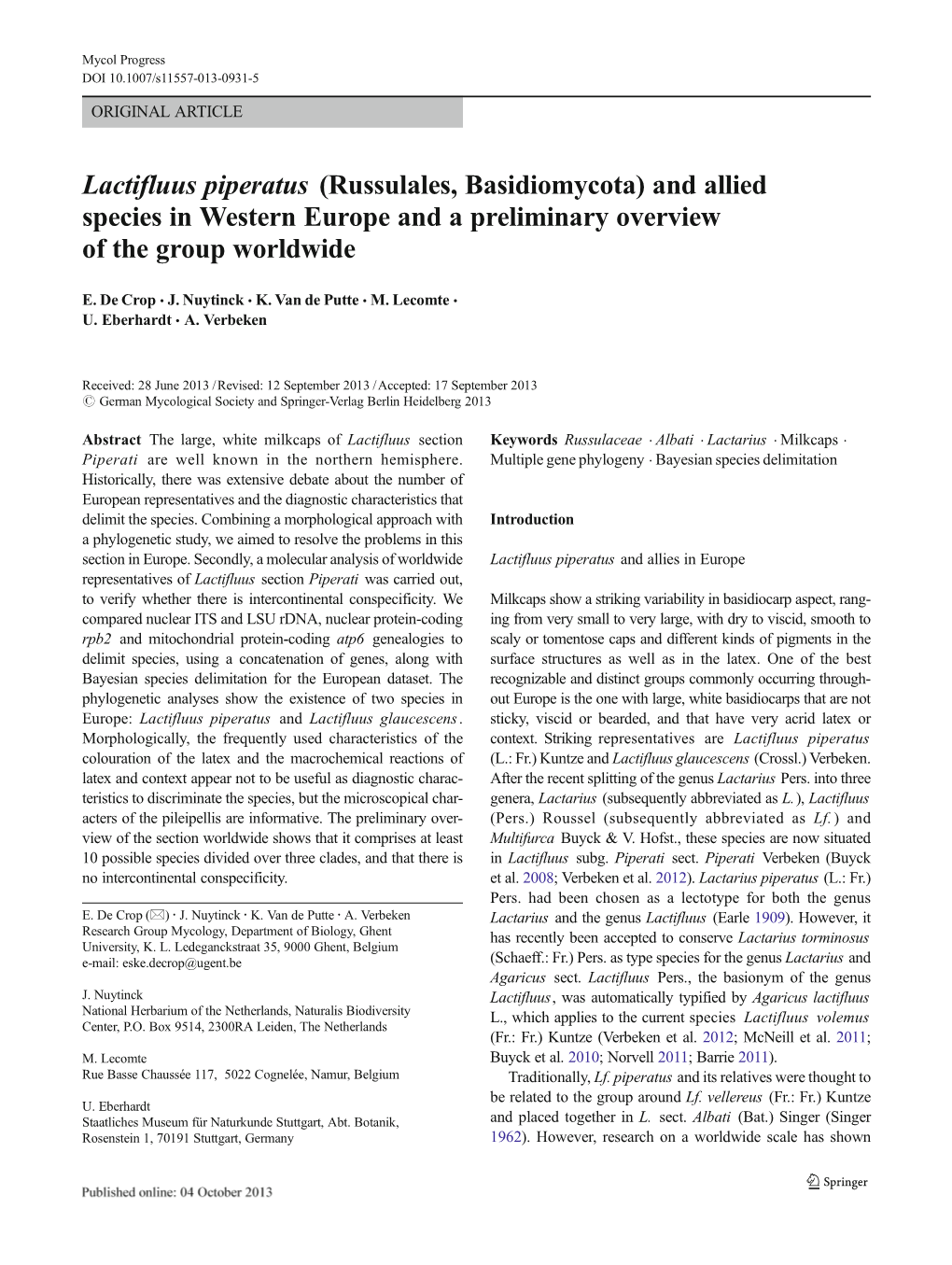 Lactifluus Piperatus (Russulales, Basidiomycota) and Allied Species in Western Europe and a Preliminary Overview of the Group Worldwide