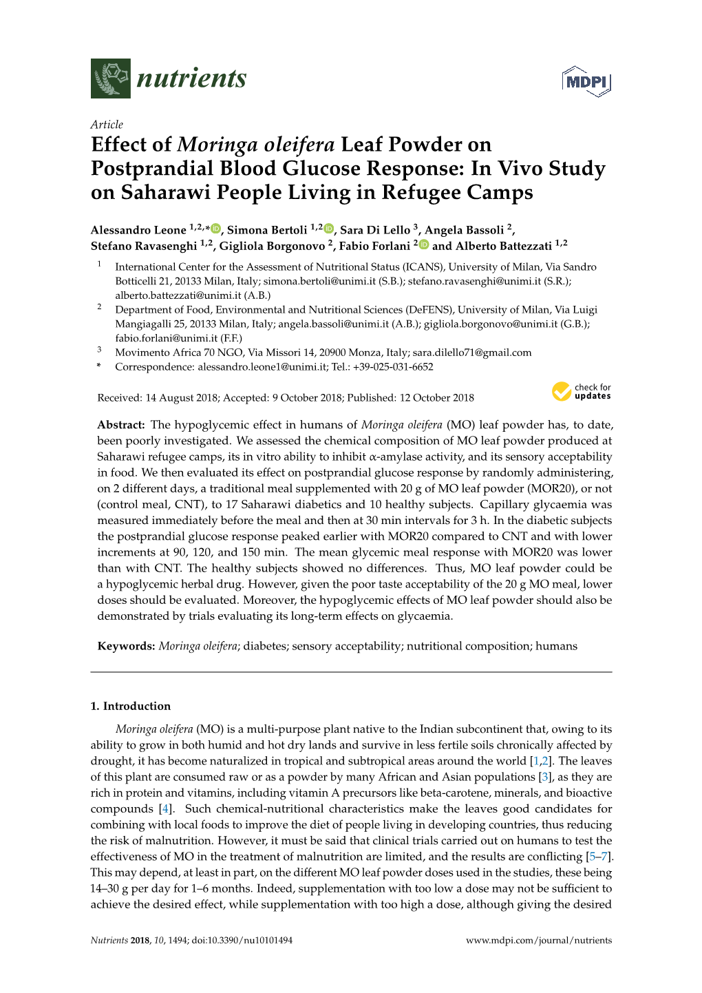 Effect of Moringa Oleifera Leaf Powder on Postprandial Blood Glucose Response: in Vivo Study on Saharawi People Living in Refugee Camps