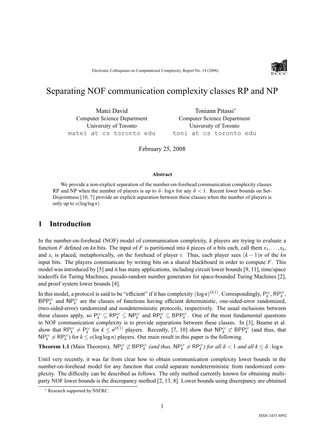 Separating NOF Communication Complexity Classes RP and NP