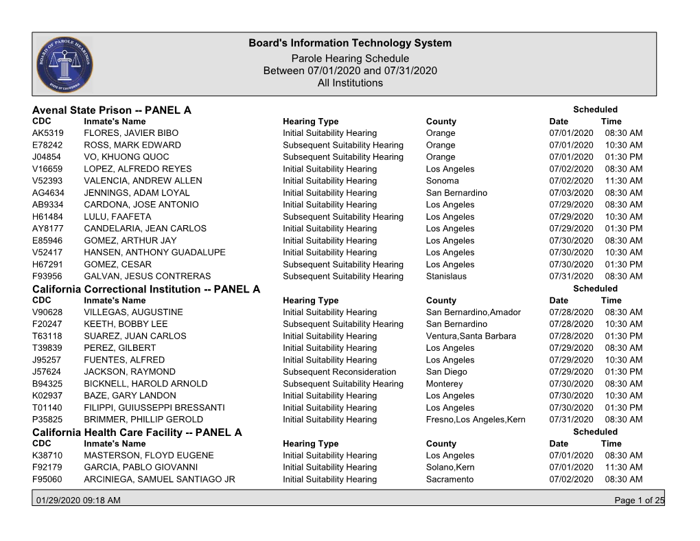 Board's Information Technology System Parole Hearing Schedule Between 07/01/2020 and 07/31/2020 All Institutions