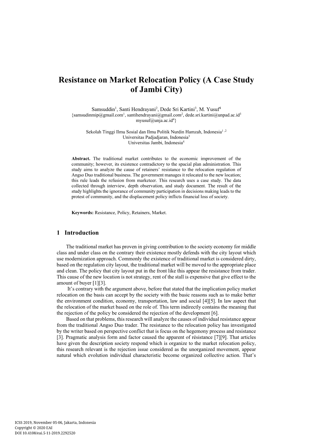 Resistance on Market Relocation Policy (A Case Study of Jambi City)