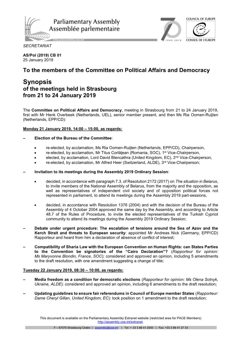 Synopsis of the Meetings Held in Strasbourg from 21 to 24 January 2019