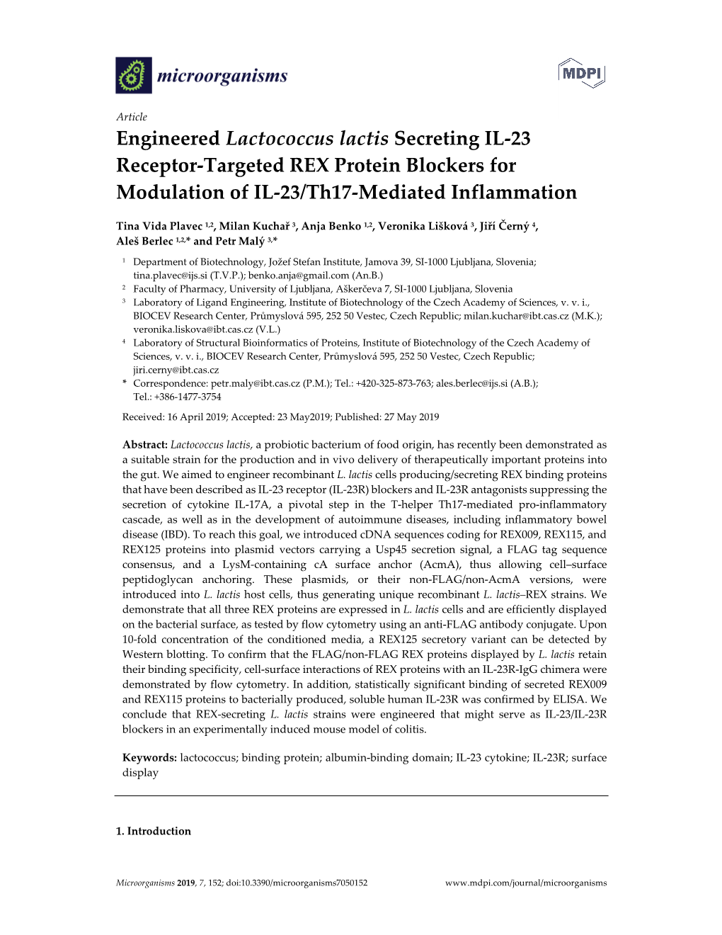 Engineered Lactococcus Lactis Secreting IL-23 Receptor-Targeted REX Protein Blockers for Modulation of IL-23/Th17-Mediated Inflammation