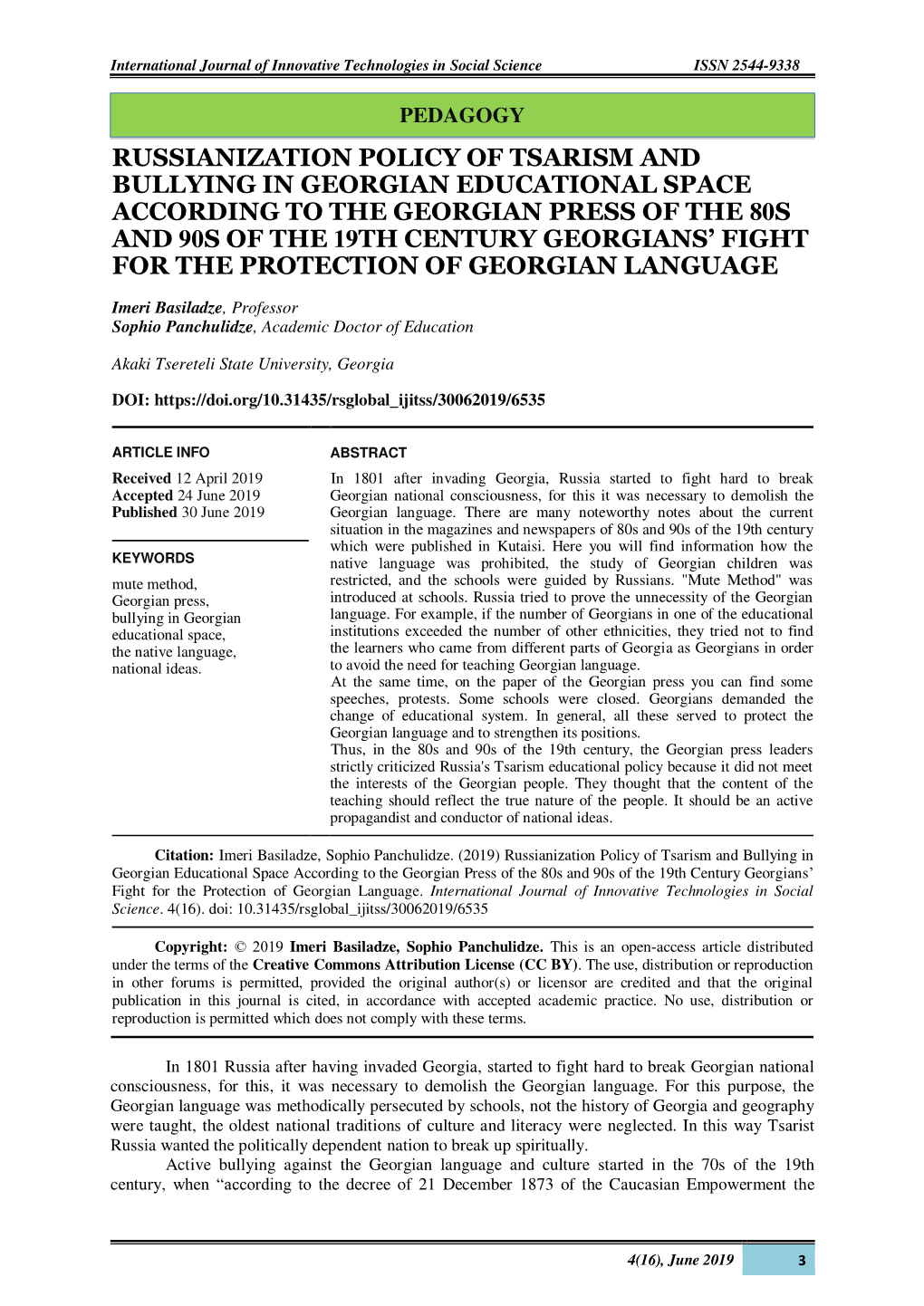 Russianization Policy of Tsarism and Bullying in Georgian Educational Space According to the Georgian Press of the 80S and 90S O