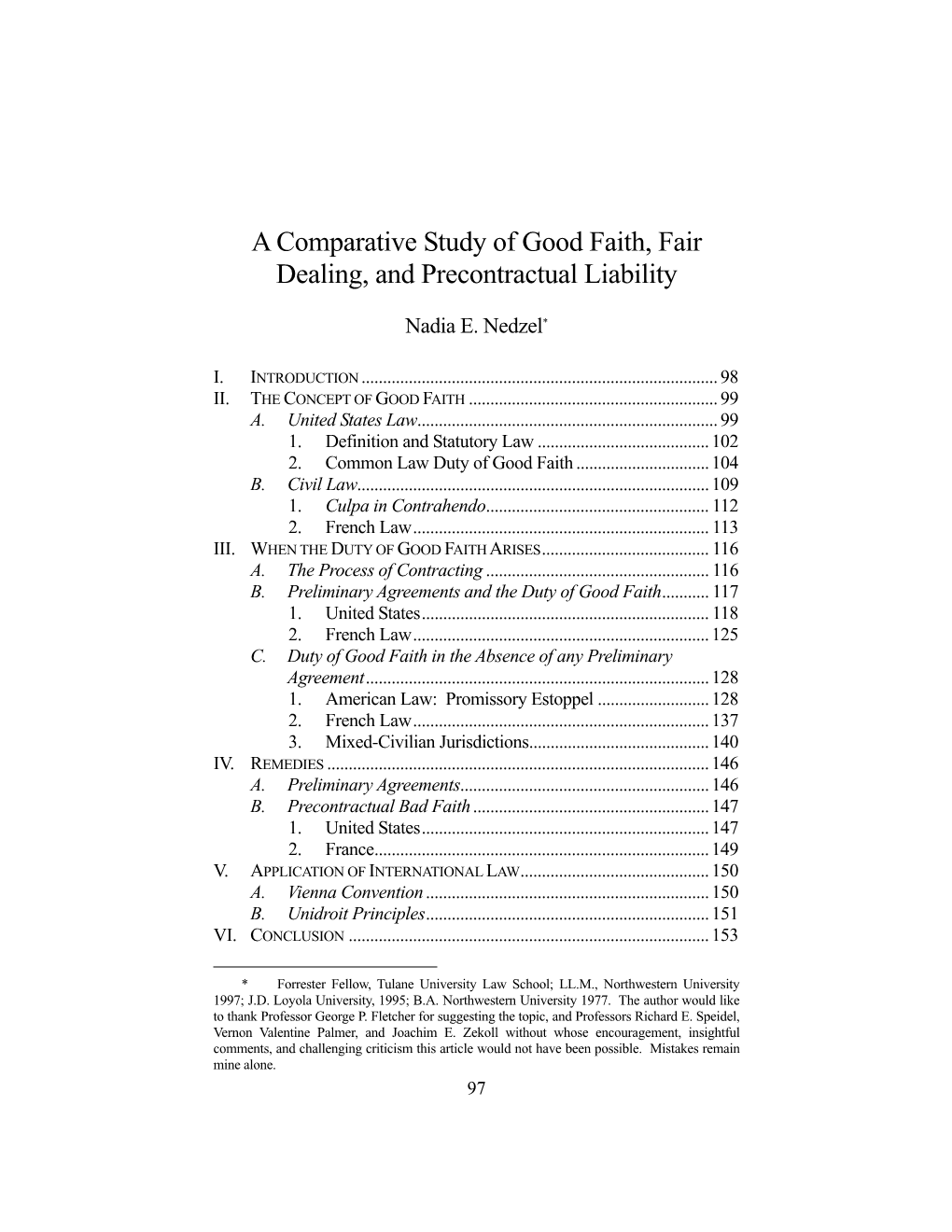 A Comparative Study of Good Faith, Fair Dealing, and Precontractual Liability