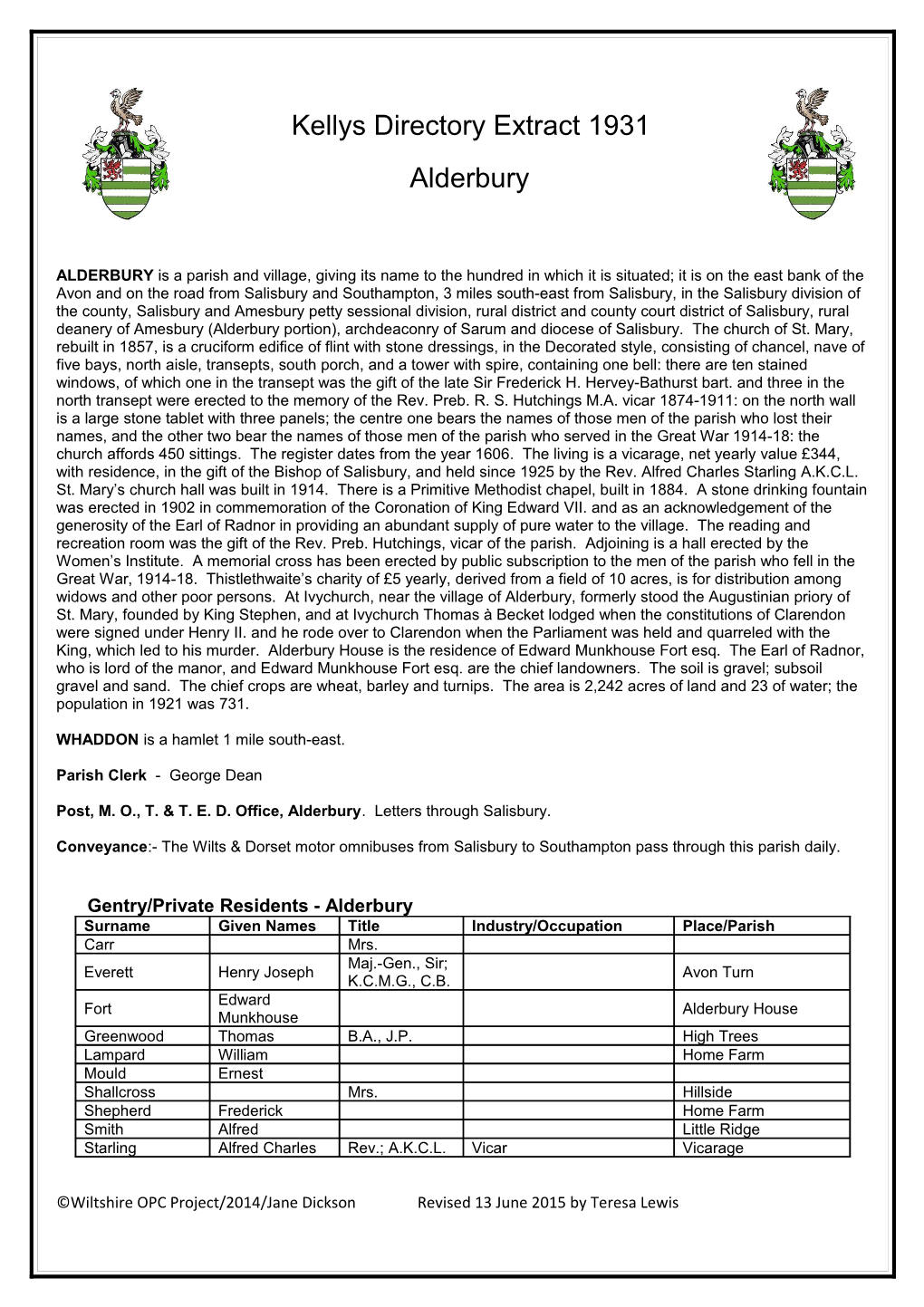 Kellys Directory Extract 1931 Alderbury