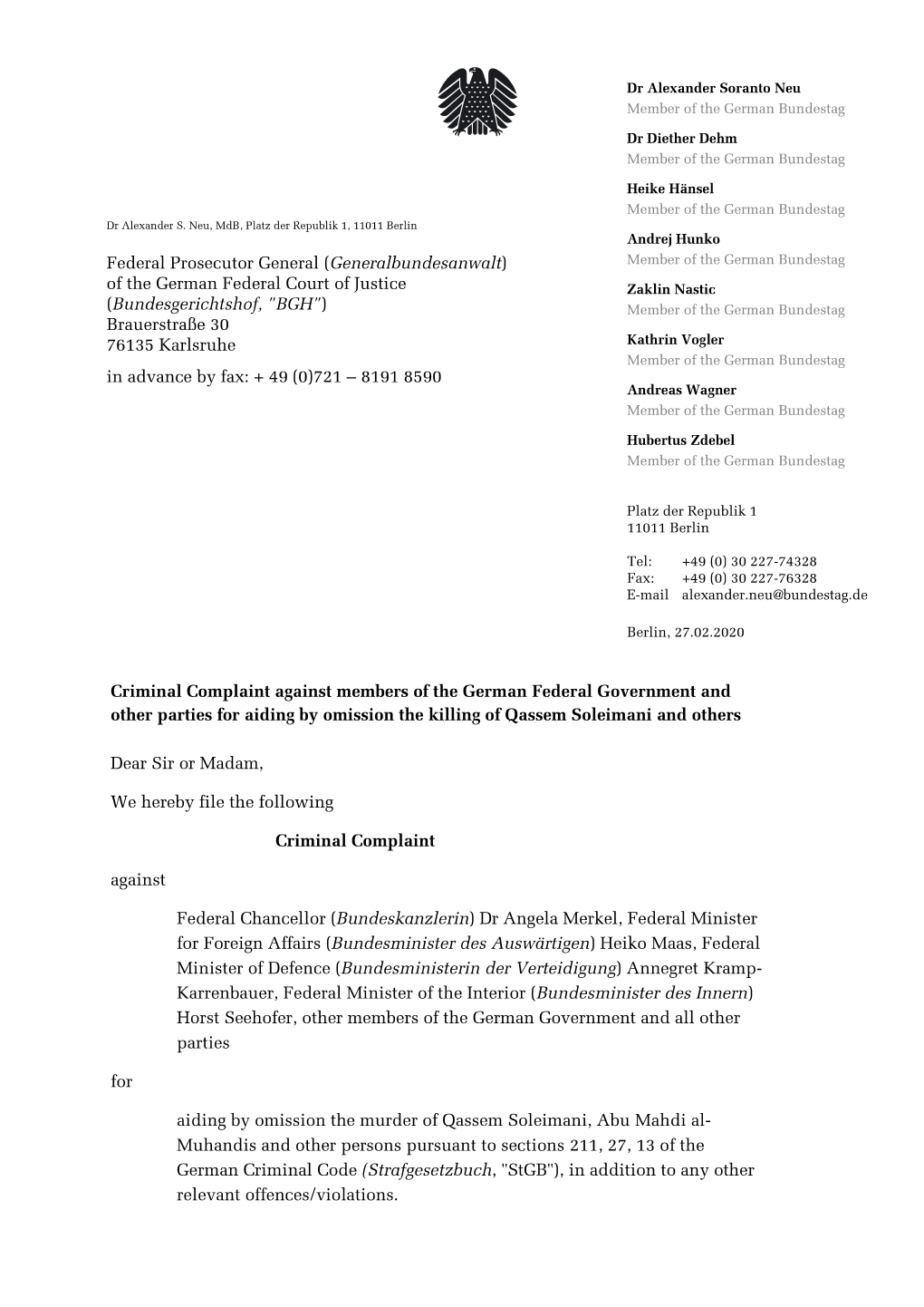 Criminal Complaint Against Members of the German Federal Government and Other Parties for Aiding by Omission the Killing of Qassem Soleimani and Others
