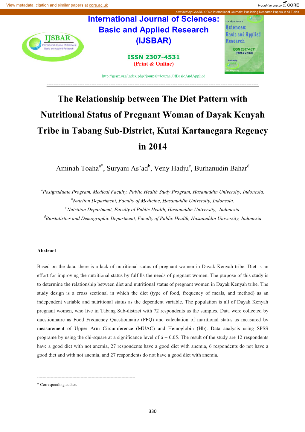 The Relationship Between the Diet Pattern with Nutritional Status of Pregnant Woman of Dayak Kenyah Tribe in Tabang Sub-District, Kutai Kartanegara Regency in 2014