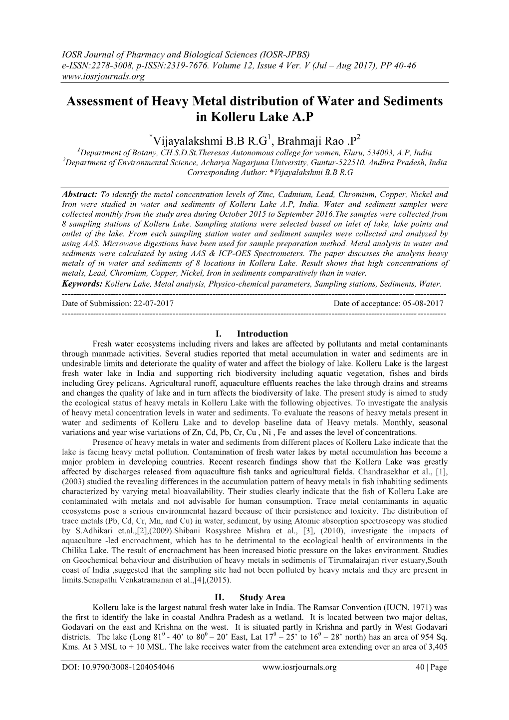 Assessment of Heavy Metal Distribution of Water and Sediments in Kolleru Lake A.P