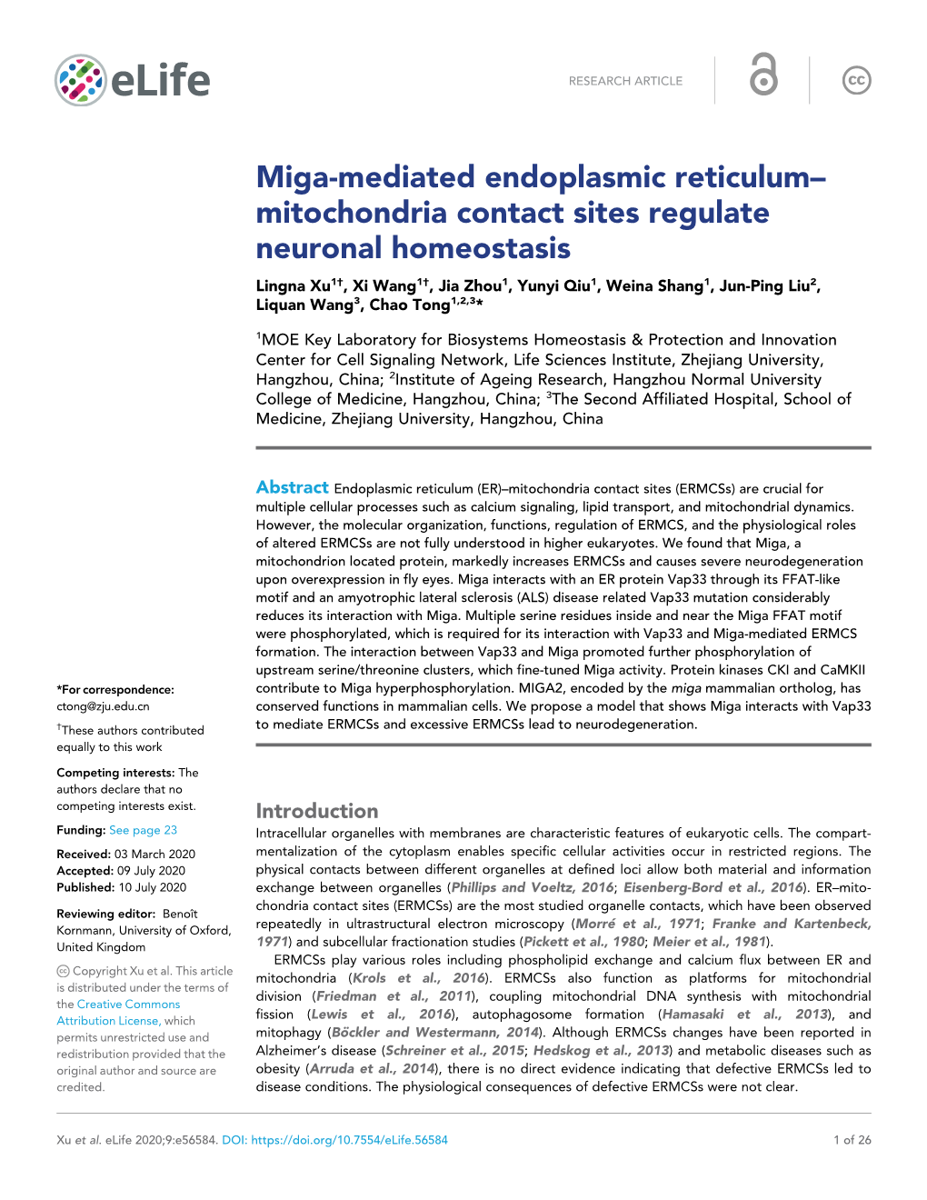 Miga-Mediated Endoplasmic Reticulum– Mitochondria Contact Sites