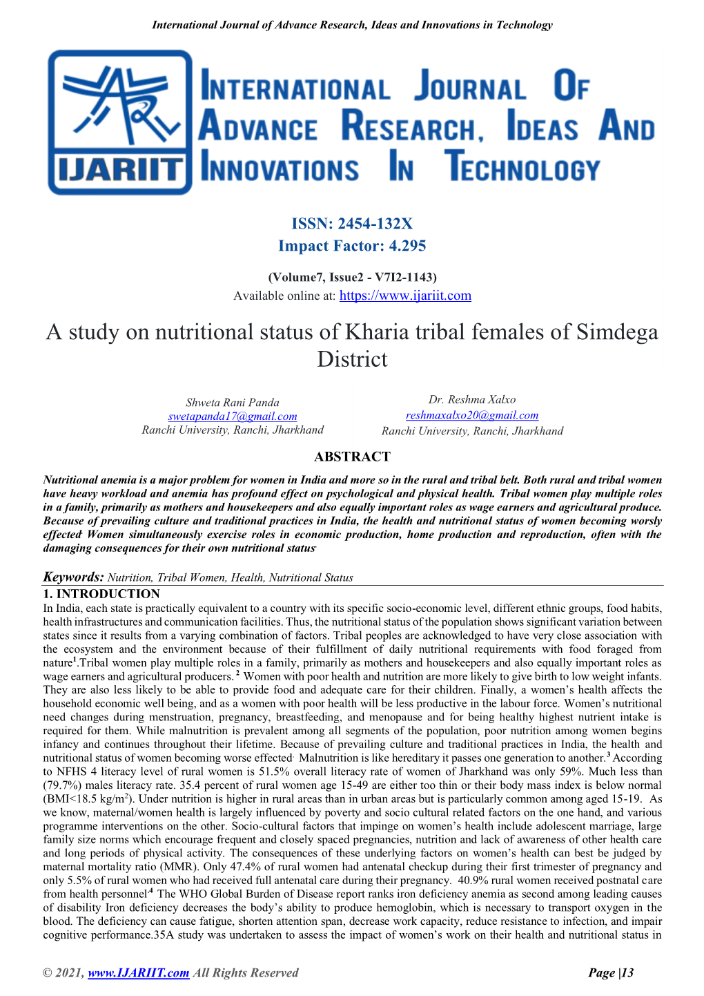 A Study on Nutritional Status of Kharia Tribal Females of Simdega District