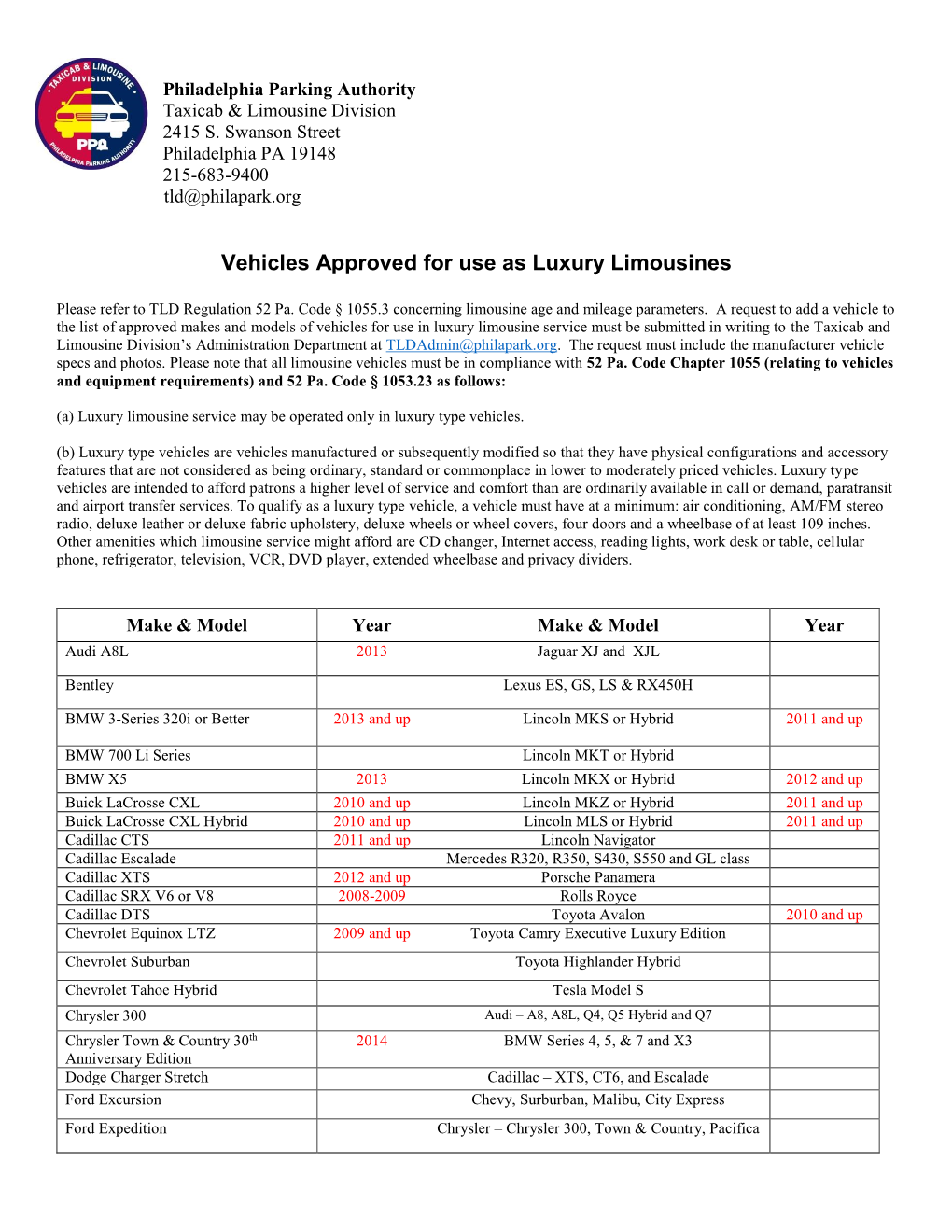 Vehicles Approved for Use As Luxury Limousines