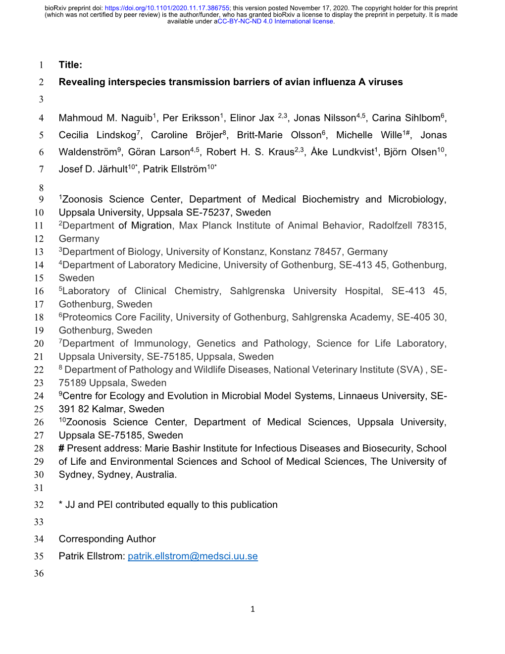 Revealing Interspecies Transmission Barriers of Avian Influenza a Viruses 3 4 Mahmoud M