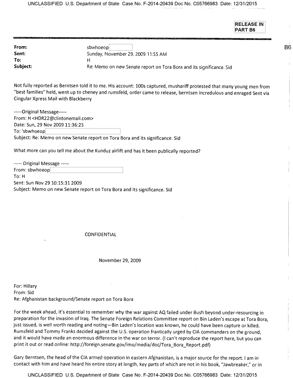 UNCLASSIFIED U.S. Department of State Case No. F-2014-20439 Doc No. C05766983 Date: 12/31/2015 RELEASE in PART B6 From: Sbwhoeop