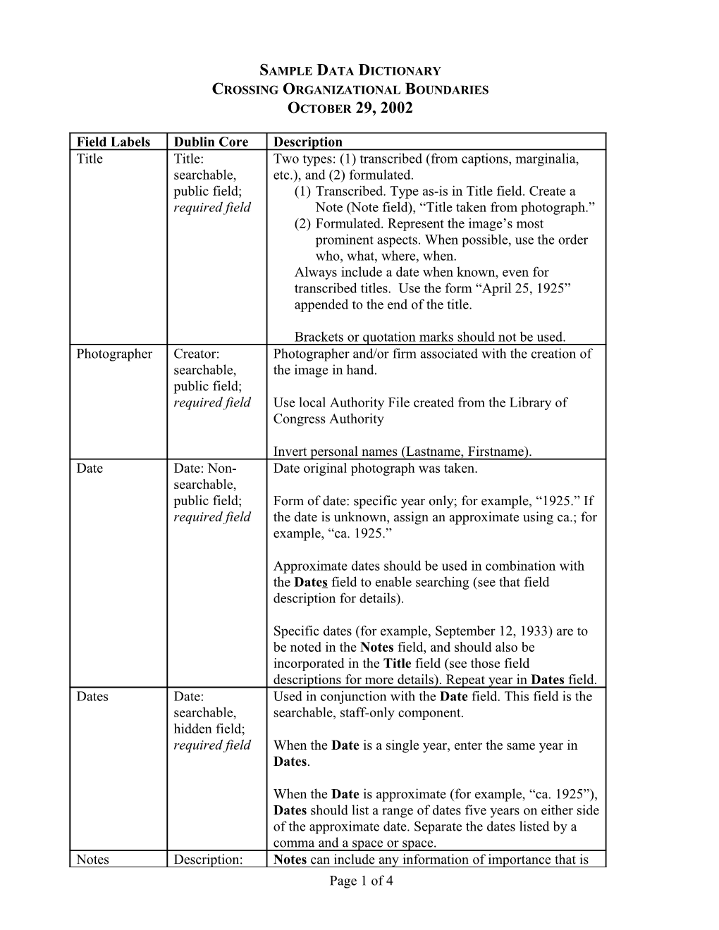 Sample Data Dictionary