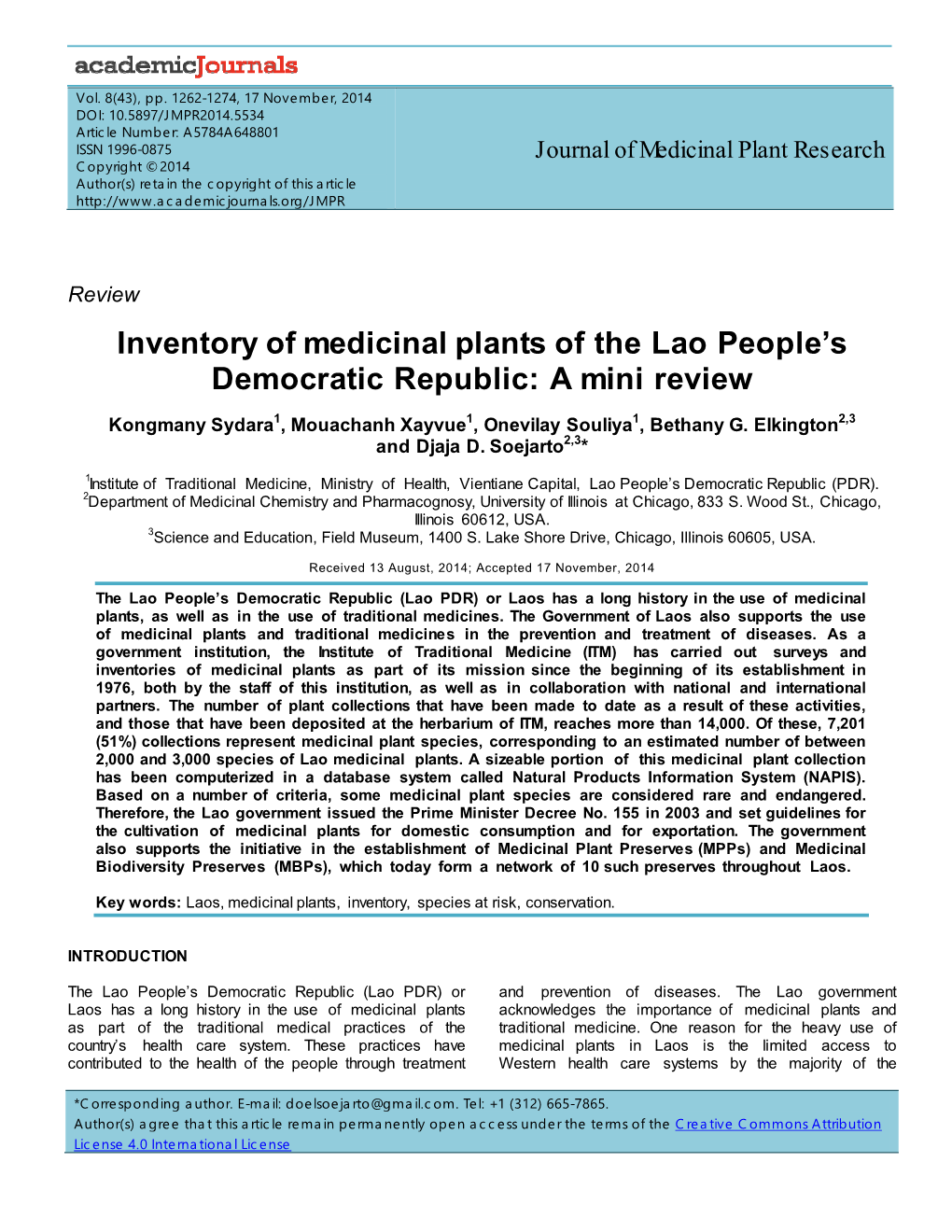 Inventory of Medicinal Plants of the Lao People's Democratic Republic