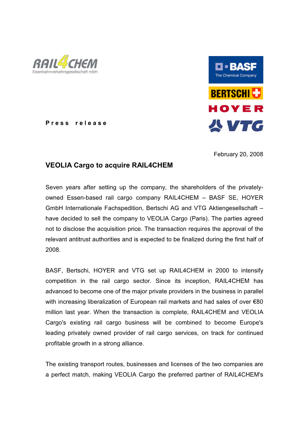VEOLIA Cargo to Acquire RAIL4CHEM