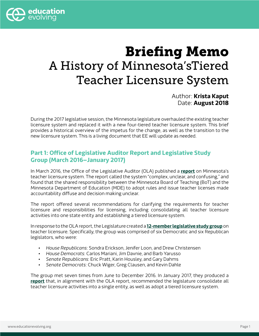 Briefing Memo a History of Minnesota’Stiered Teacher Licensure System