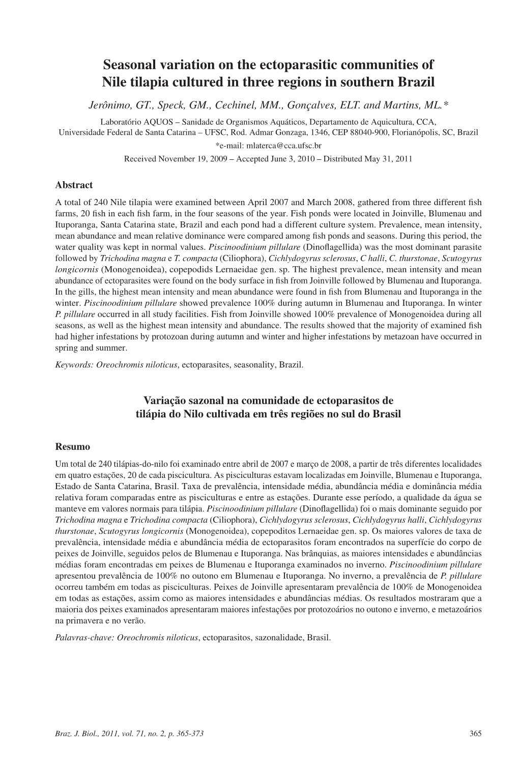 Seasonal Variation on the Ectoparasitic Communities of Nile