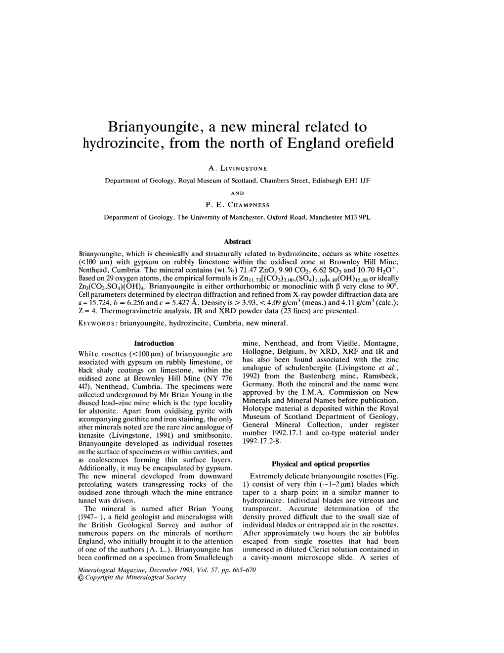 Brianyoungite, a New Mineral Related to Hydrozincite, from the North of England Orefield