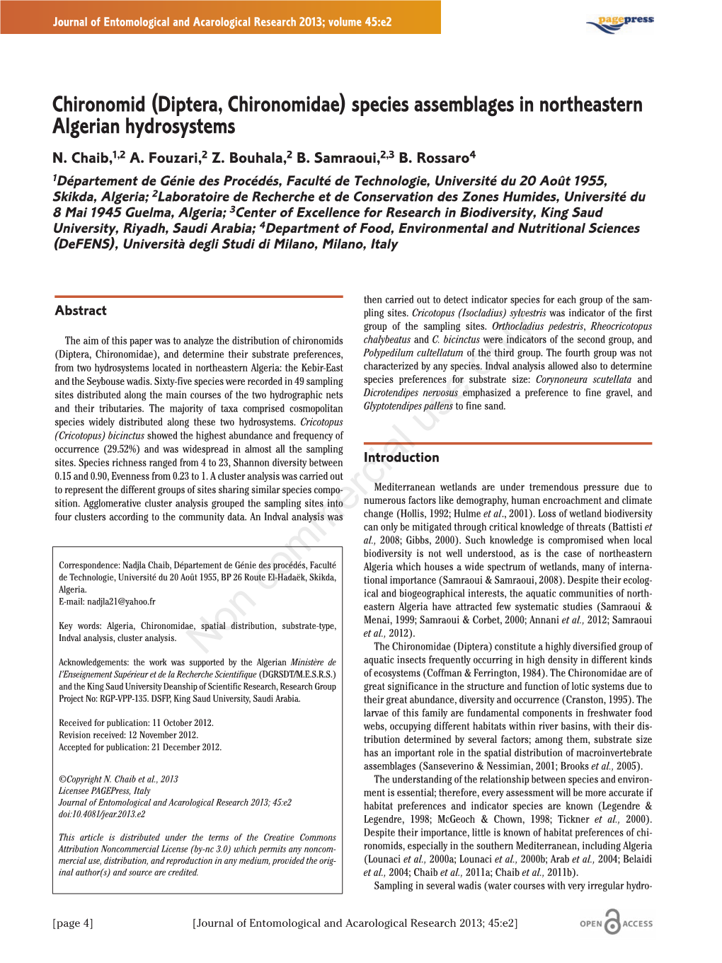 Diptera, Chironomidae) Species Assemblages in Northeastern Algerian Hydrosystems N