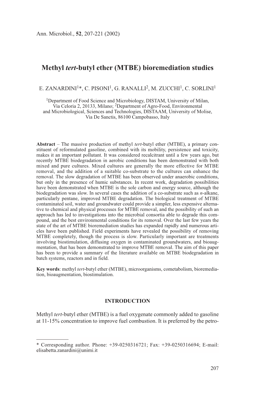 Methyl Tert-Butyl Ether (MTBE) Bioremediation Studies