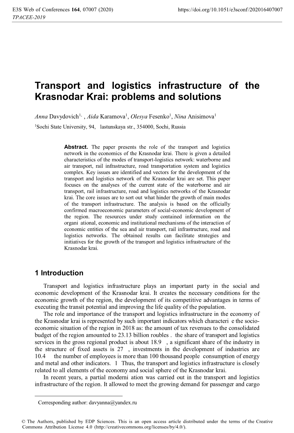 Transport and Logistics Infrastructure of the Krasnodar Krai: Problems and Solutions