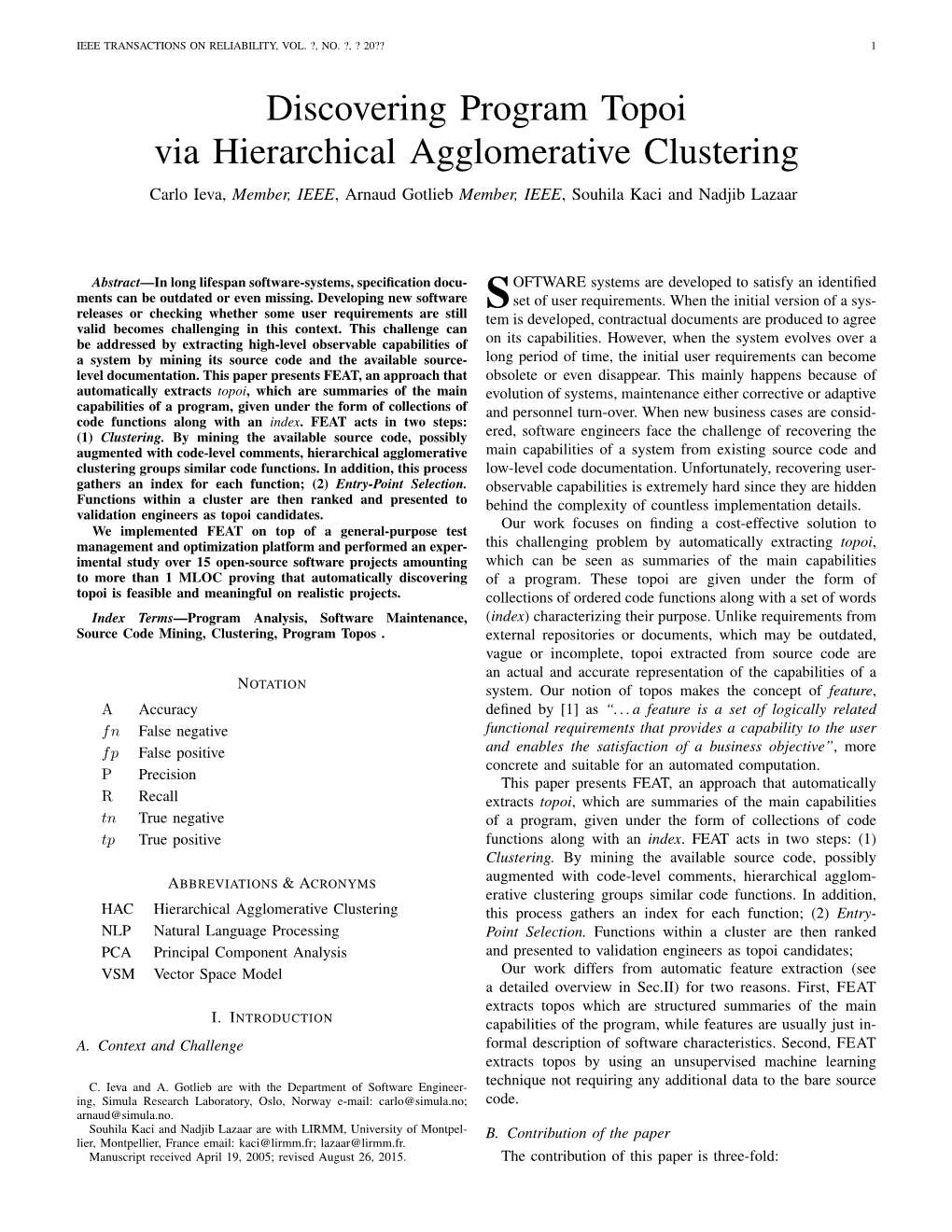 Discovering Program Topoi Via Hierarchical Agglomerative Clustering Carlo Ieva, Member, IEEE, Arnaud Gotlieb Member, IEEE, Souhila Kaci and Nadjib Lazaar