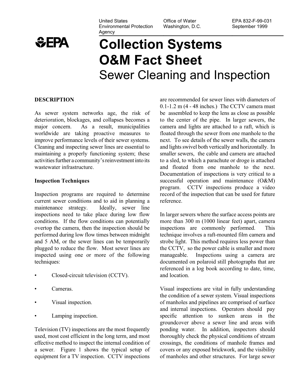 Collection Systems O&M Fact Sheet: Sewer Cleaning and Inspections