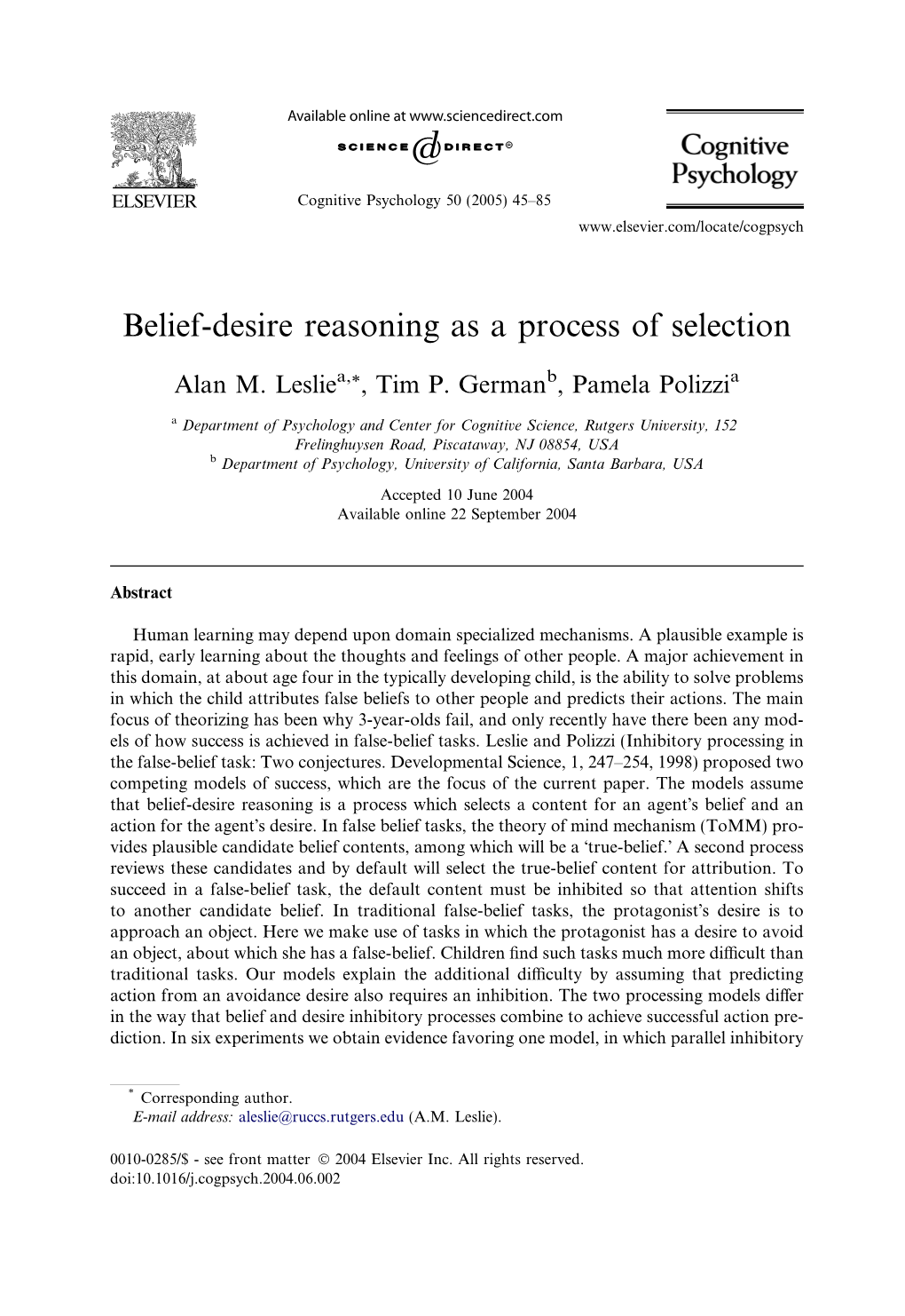 Belief-Desire Reasoning As a Process of Selection