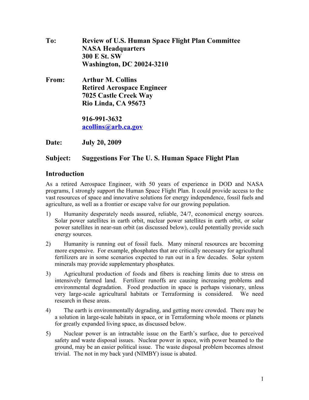 To: Review of U.S. Human Space Flight Plan Committee