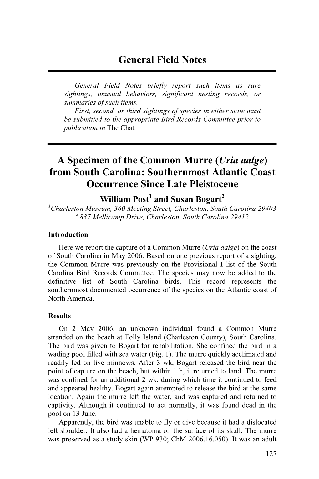 General Field Notes a Specimen of the Common Murre (Uria Aalge