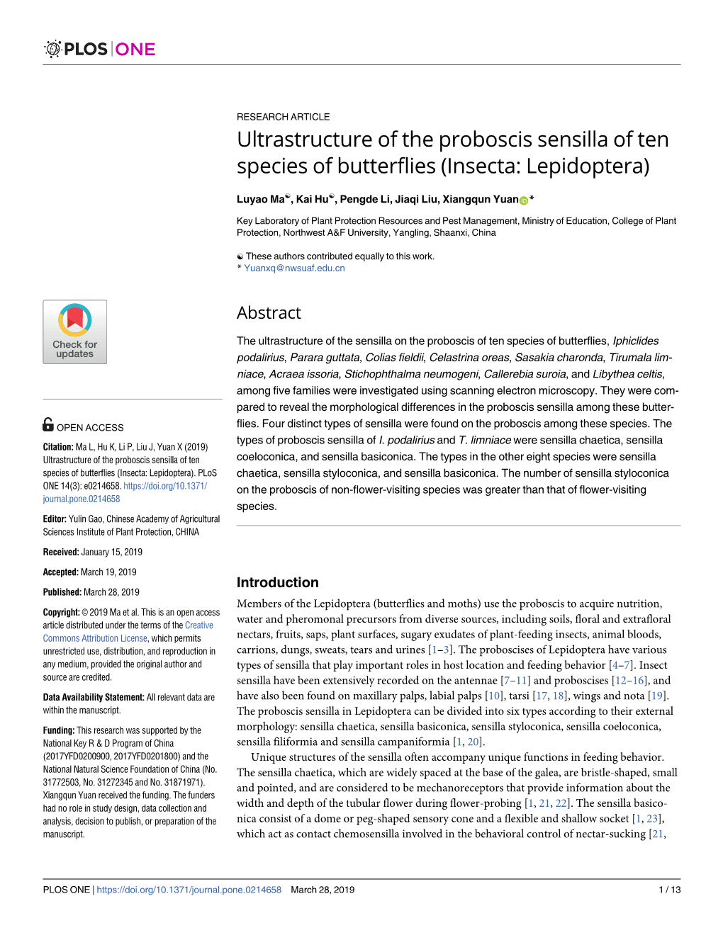 Ultrastructure of the Proboscis Sensilla of Ten Species of Butterflies (Insecta: Lepidoptera)