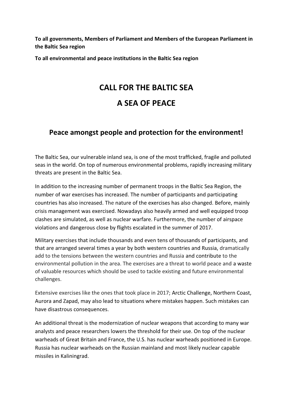 Call for the Baltic Sea a Sea of Peace