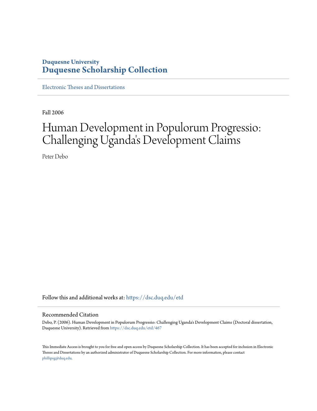 Human Development in Populorum Progressio: Challenging Uganda's Development Claims Peter Debo